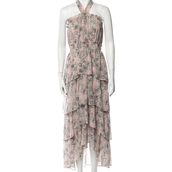 MISA Valeria halter tiered pink gray ruffle midi dress floral - Picture 5 of 5